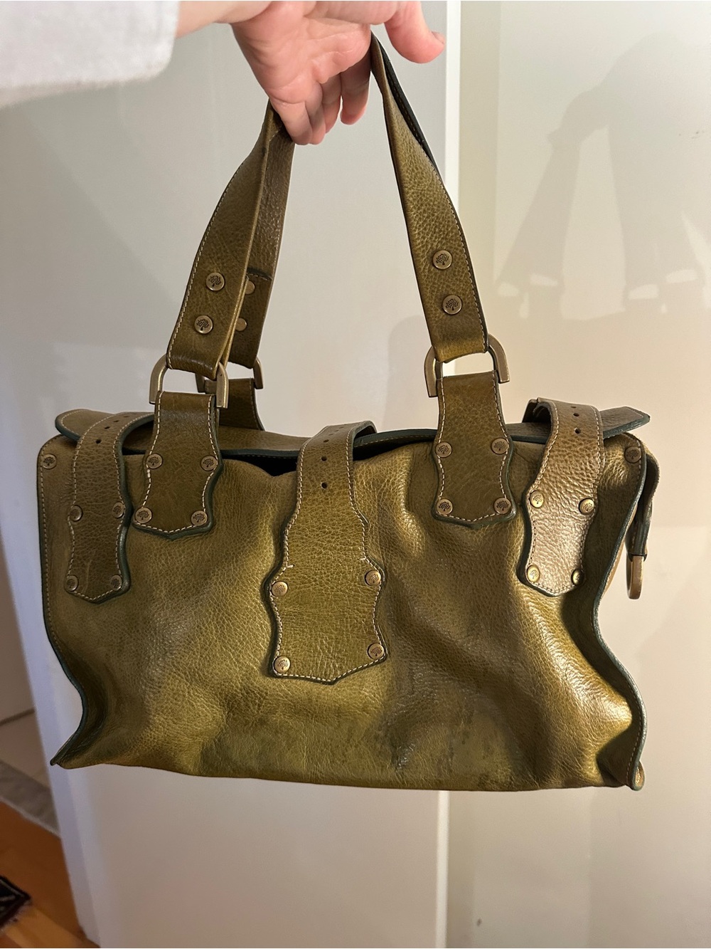 Mulberry Roxanne Olive Green Leather Satchel Shoulder Handbag Vintage Tote - Picture 2 of 10